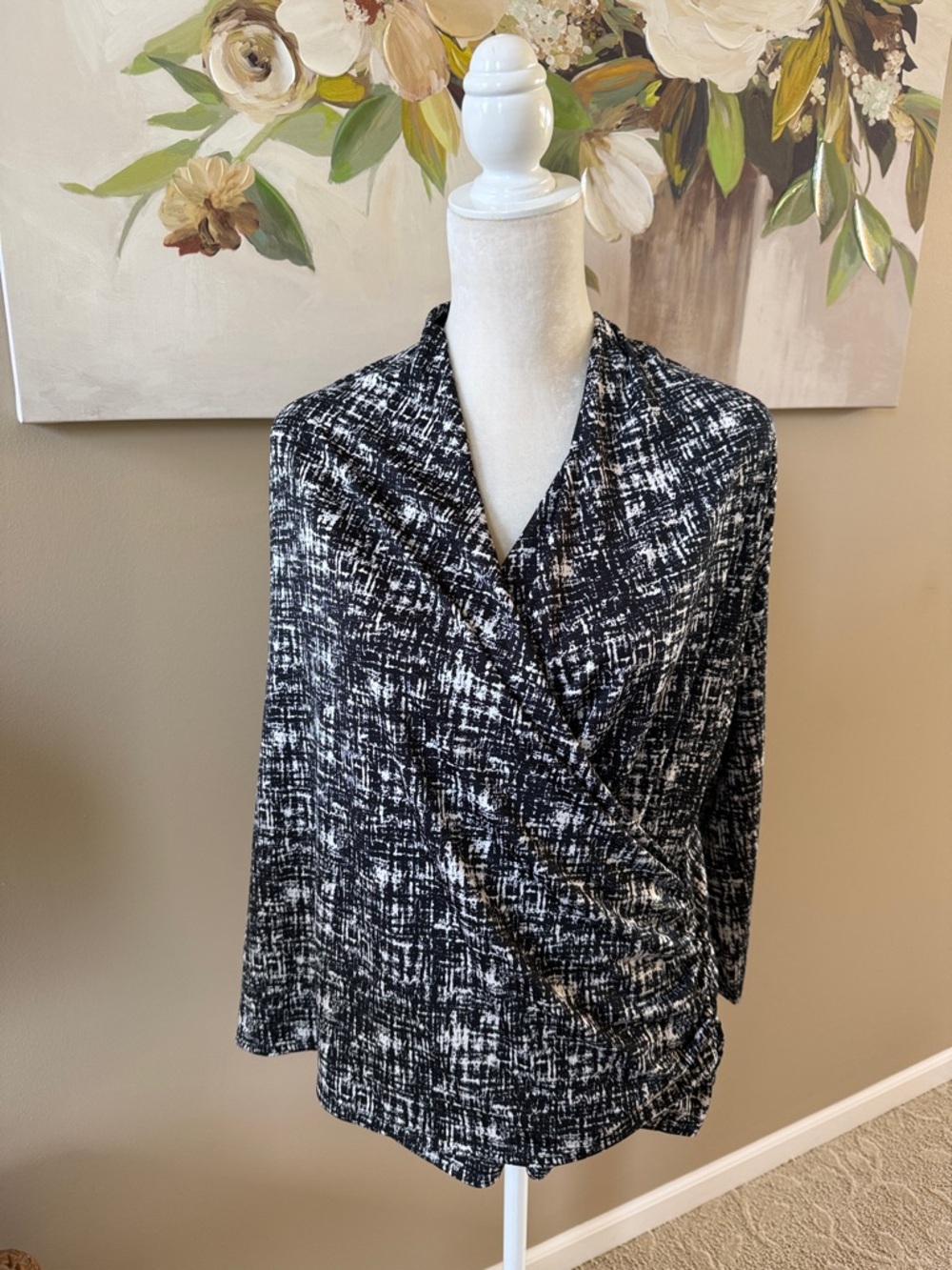 Allison Taylor Black & White Patterned Wrap-Front Blouse